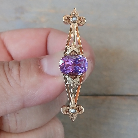 Antique Victorian 14K Yellow Gold Amethyst Bar Brooch Pin 5.7 Grams 1.8" - Picture 13 of 16